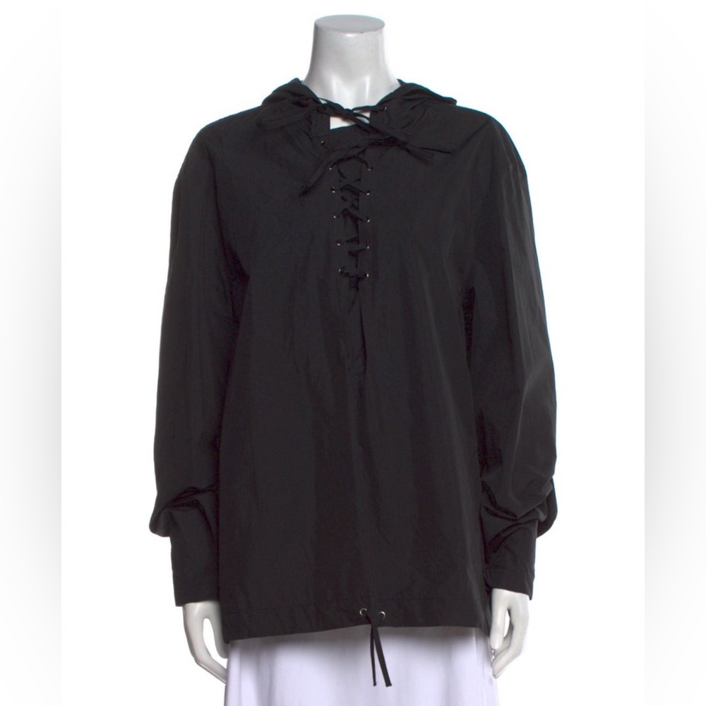 Valentino Lace Up Neck Draw String Long Sleeve Black Cotton Hooded Blouse 42/10